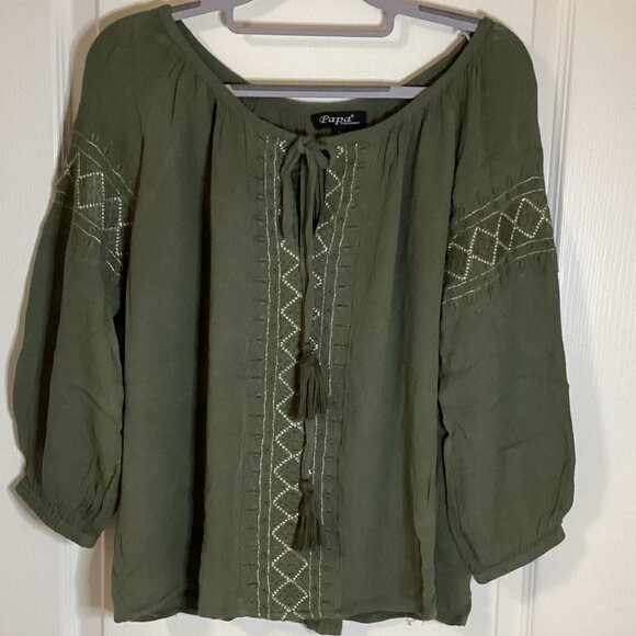 Papa Vancouver Women's Top Blouse With Embroidery Boho Peasant Olive Green - Picture 1 of 7